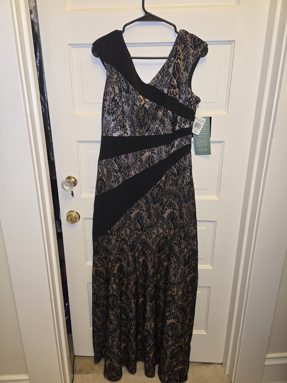 Elegant Black and Nude Lace Evening Gown